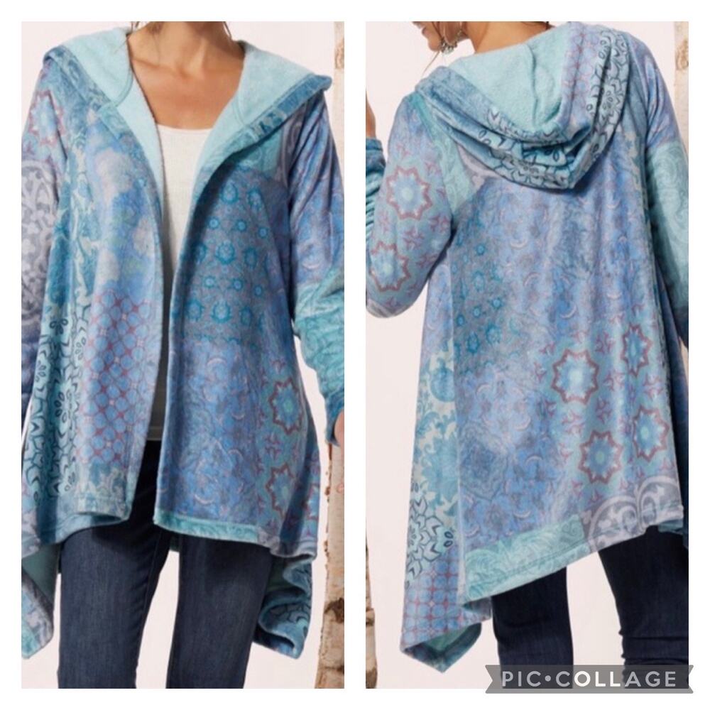 Soft Surroundings Carli Hooded Topper Cardigan Blue Fleece Size Small